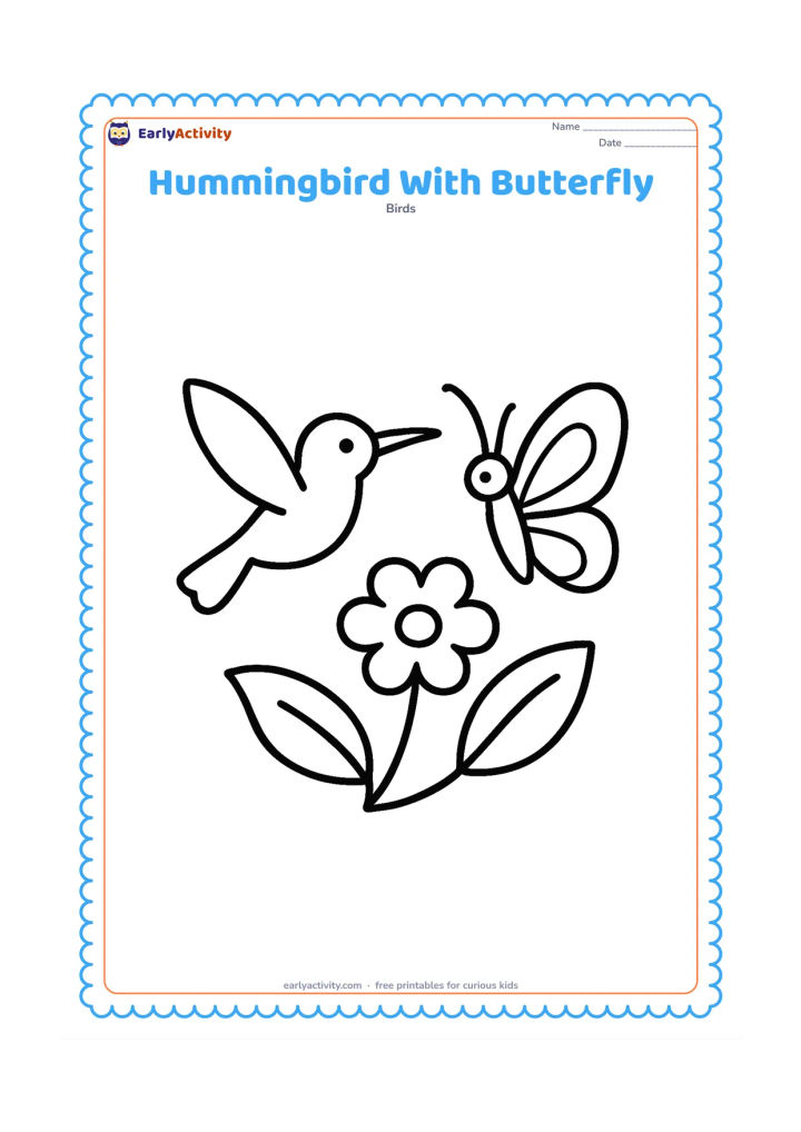Colouring page: A hovering hummingbird faces a large butterfly beside one open flower. Add two broad leaves and a curved stem.
