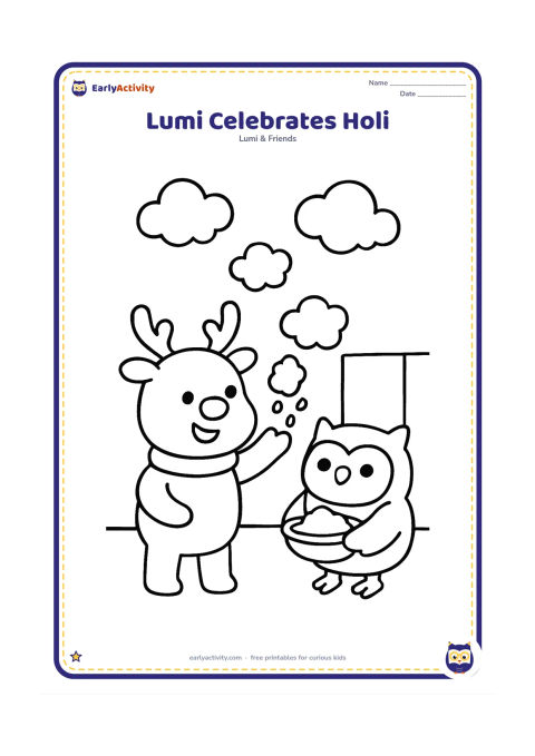Colouring page: Lumi happily tosses a small handful of coloured powder upward while a friend owl holds a simple bowl of powder. Add three large cloud-like powder puffs and a plain outdoor wall behind them.