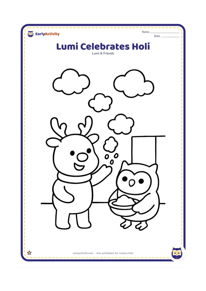 Colouring page: Lumi happily tosses a small handful of coloured powder upward while a friend owl holds a simple bowl of powder. Add three large cloud-like powder puffs and a plain outdoor wall behind them.