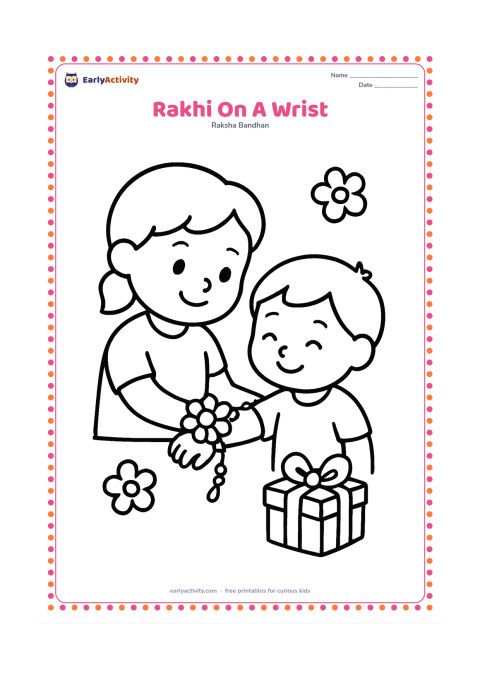 Colouring page: A smiling child gently ties a large decorative rakhi around a sibling's outstretched wrist. Show only a few clear flower and bead shapes around them, with a small gift box nearby and no…