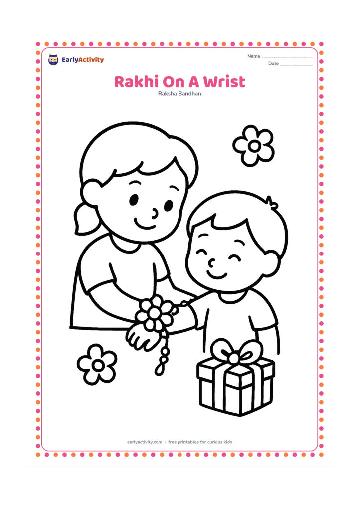 Colouring page: A smiling child gently ties a large decorative rakhi around a sibling's outstretched wrist. Show only a few clear flower and bead shapes around them, with a small gift box nearby and no…