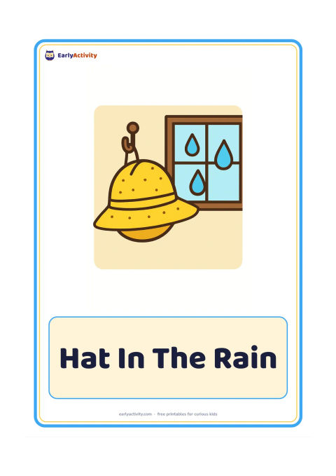 Flashcard: Draw a wide-brimmed rain hat hanging from a simple hook, with three large raindrops outside a nearby window. Show a plain wall behind it.