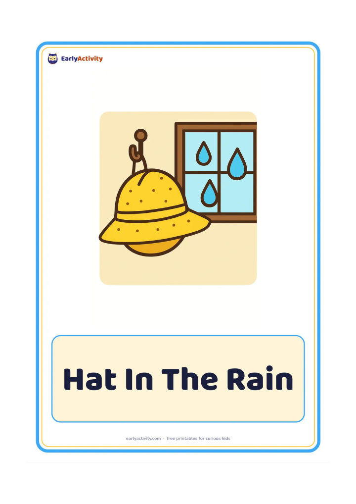 Flashcard: Draw a wide-brimmed rain hat hanging from a simple hook, with three large raindrops outside a nearby window. Show a plain wall behind it.