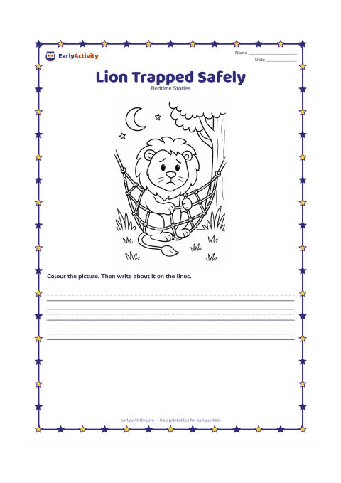 Printable: The lion sits inside a strong rope net in a forest clearing, gently pulling at one rope with his paws. A moonlit sky, tall grass and a nearby tree create a quiet evening setting.