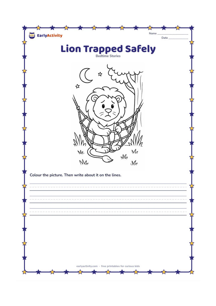 Printable: The lion sits inside a strong rope net in a forest clearing, gently pulling at one rope with his paws. A moonlit sky, tall grass and a nearby tree create a quiet evening setting.