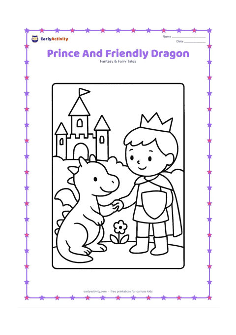 Colouring page: A prince gently holds the paw of a small friendly dragon beside a castle garden. The dragon smiles and has rounded wings, while the prince carries a simple shield.