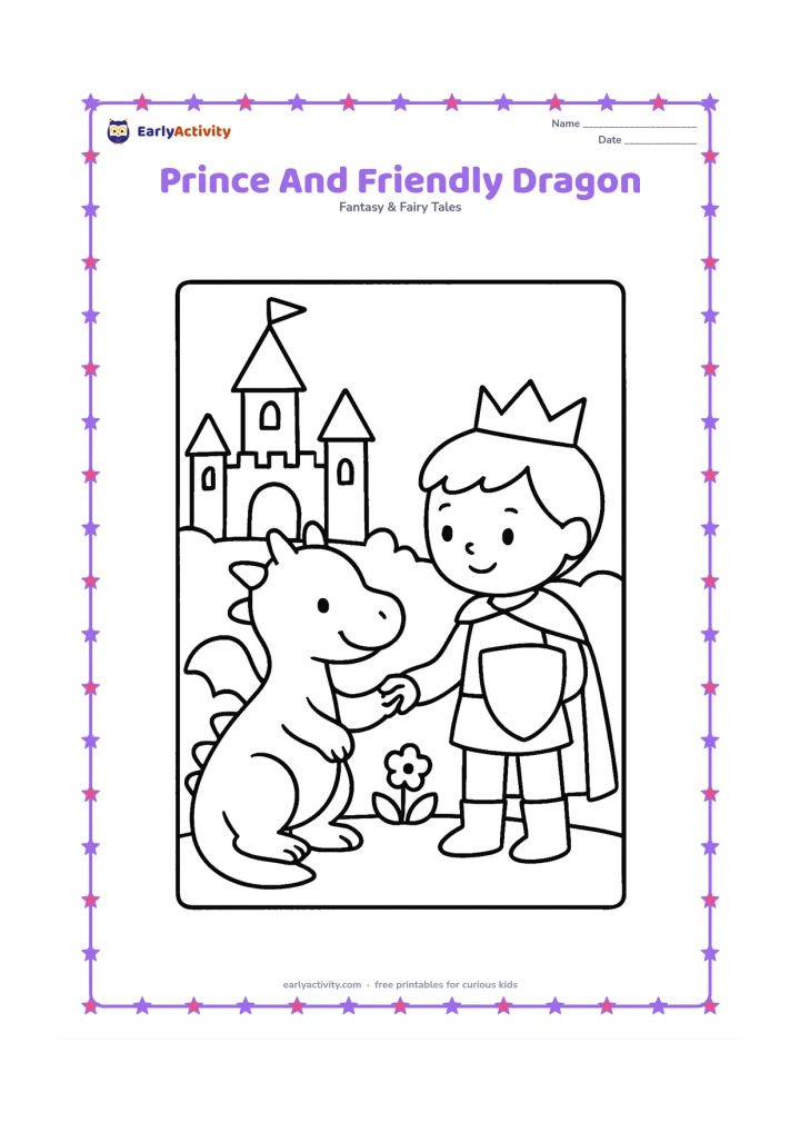 Colouring page: A prince gently holds the paw of a small friendly dragon beside a castle garden. The dragon smiles and has rounded wings, while the prince carries a simple shield.