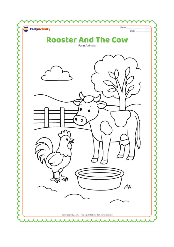 Colouring page: Draw a rooster standing beside a calm cow near a wooden fence. Add a water trough, rolling pasture and a tree with a few large leaves.