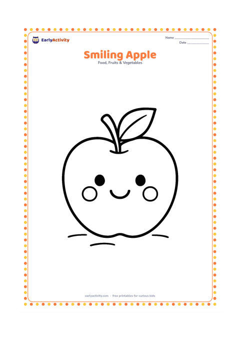 Colouring page: Draw a friendly whole apple with a simple smiling face, round cheeks, a stem and a leaf. Place it alone with a few tiny curved ground lines.
