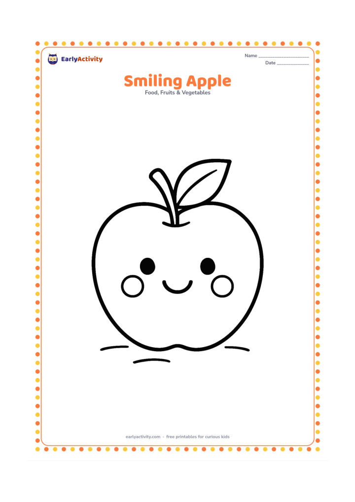 Colouring page: Draw a friendly whole apple with a simple smiling face, round cheeks, a stem and a leaf. Place it alone with a few tiny curved ground lines.