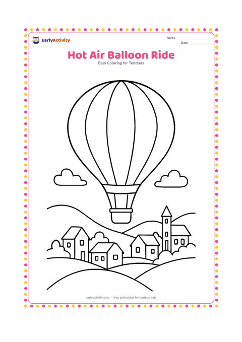 Colouring page: Draw a hot-air balloon floating over a village landscape, with a large patterned balloon, a small basket and rolling hills below. Keep the balloon patterns as large blank sections…