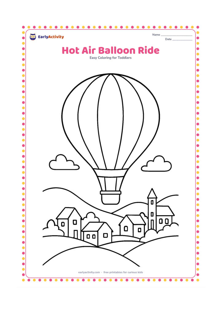 Colouring page: Draw a hot-air balloon floating over a village landscape, with a large patterned balloon, a small basket and rolling hills below. Keep the balloon patterns as large blank sections…