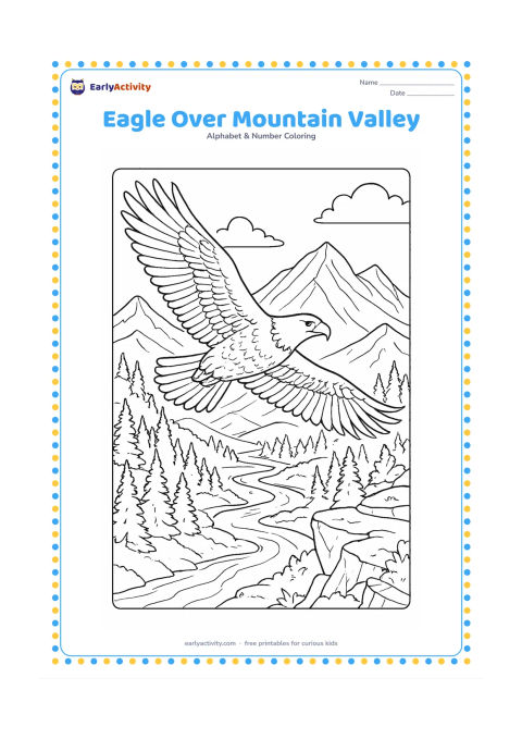 Colouring page: Draw an eagle soaring above a detailed mountain valley with layered peaks, pine trees, a winding stream and a rocky ledge in the foreground. Show the bird in a three-quarter view with…