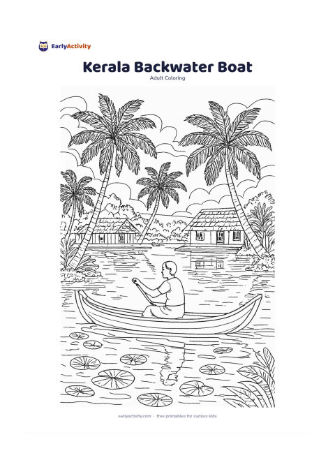 Colouring page: Draw a traditional Kerala-style boat gliding through calm backwaters, with a person seated and paddling, coconut palms, waterside houses, floating leaves and reflections. Keep the…