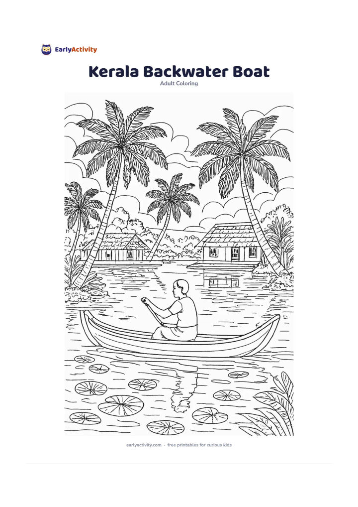 Colouring page: Draw a traditional Kerala-style boat gliding through calm backwaters, with a person seated and paddling, coconut palms, waterside houses, floating leaves and reflections. Keep the…