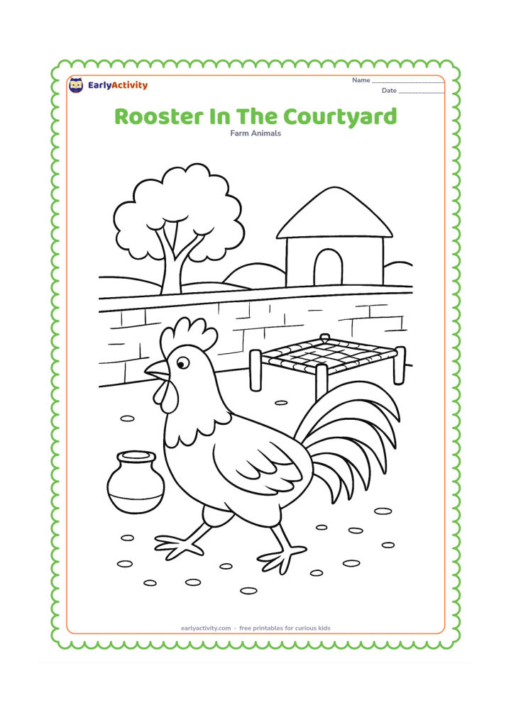 Colouring page: Draw a rooster walking through an Indian village courtyard with a low wall, a clay pot and a simple woven charpai. Add a leafy tree and scattered grain shapes on the ground.