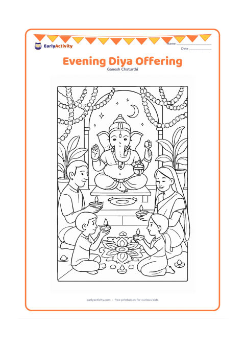 Colouring page: A family offers diyas before Ganesha at dusk in a home courtyard. Include many flower garlands, a rangoli, a low prayer table, potted plants, a crescent moon and a few stars.
