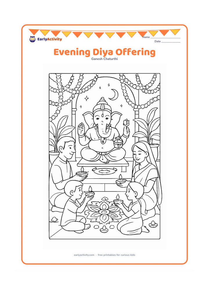 Colouring page: A family offers diyas before Ganesha at dusk in a home courtyard. Include many flower garlands, a rangoli, a low prayer table, potted plants, a crescent moon and a few stars.