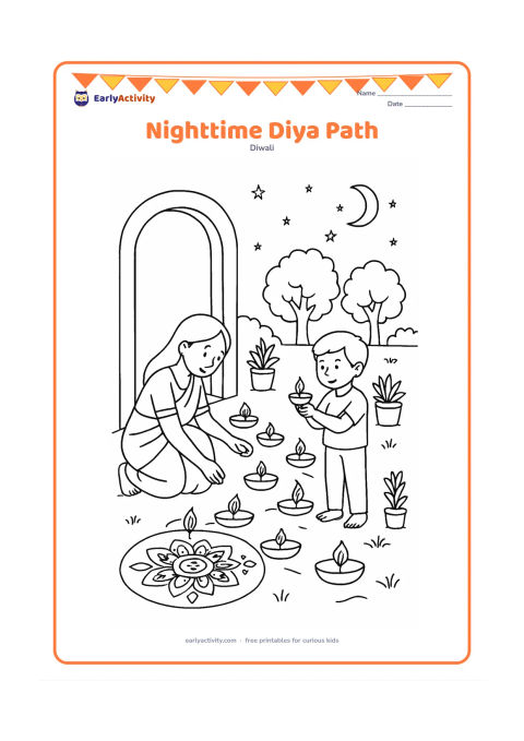 Colouring page: A child and parent place a winding path of diyas from the home doorway into a garden at night. Add a detailed rangoli at the entrance, trees, potted plants, a moon, and many calm stars.