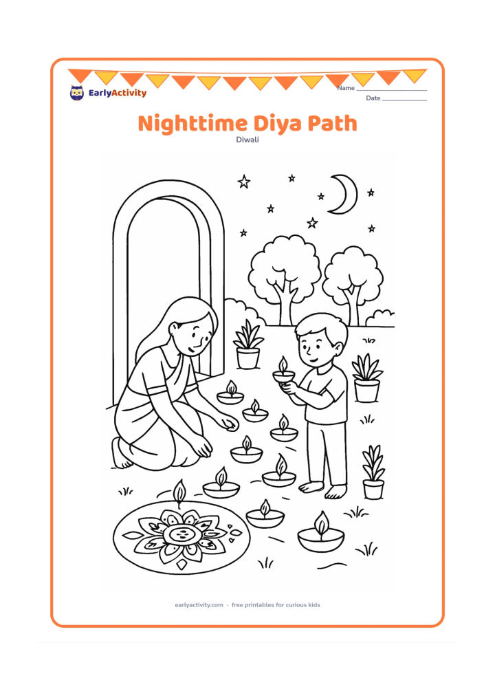 Colouring page: A child and parent place a winding path of diyas from the home doorway into a garden at night. Add a detailed rangoli at the entrance, trees, potted plants, a moon, and many calm stars.