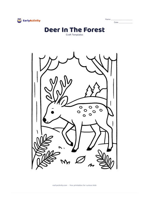Worksheet: Draw a side-view deer taking a careful step between two tree trunks, with branching antlers, a spotted back and a lowered head. Add ferns, a few fallen leaves and a distant forest opening.