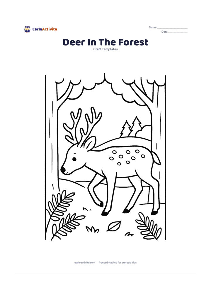 Worksheet: Draw a side-view deer taking a careful step between two tree trunks, with branching antlers, a spotted back and a lowered head. Add ferns, a few fallen leaves and a distant forest opening.