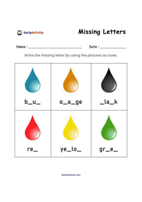 Worksheet showing six coloured drops with incomplete colour words: blue, orange, black, red, yellow and green.