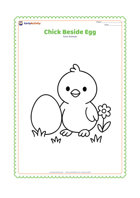 Colouring page: Draw a large chick sitting beside one oversized egg on the ground. Include three simple grass tufts and one rounded flower nearby.
