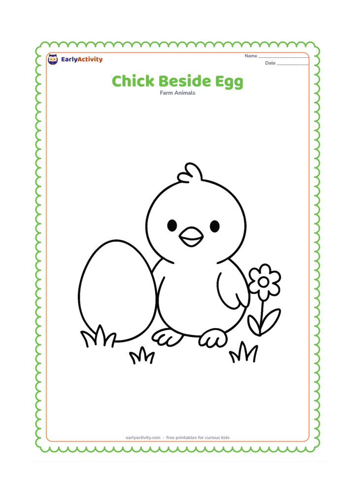 Colouring page: Draw a large chick sitting beside one oversized egg on the ground. Include three simple grass tufts and one rounded flower nearby.