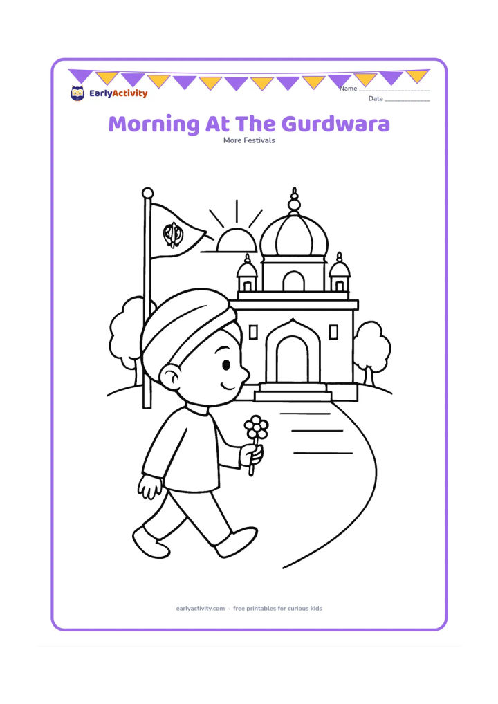 Colouring page: Draw a child arriving at a gurdwara in the morning, carrying a small flower offering, with the Nishan Sahib flag, steps, trees and rising sun behind. Show the child walking toward the…
