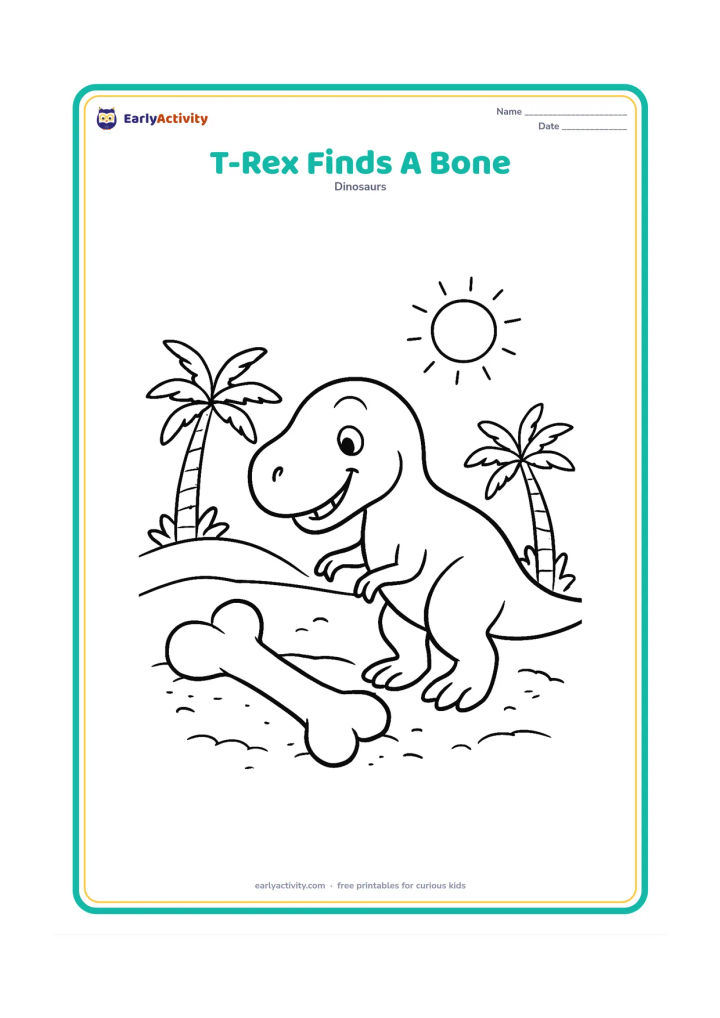 Colouring page: A friendly T-Rex bends toward a large fossil bone partly exposed in sandy ground. Include two palm-like plants, a low hill and a bright sun.