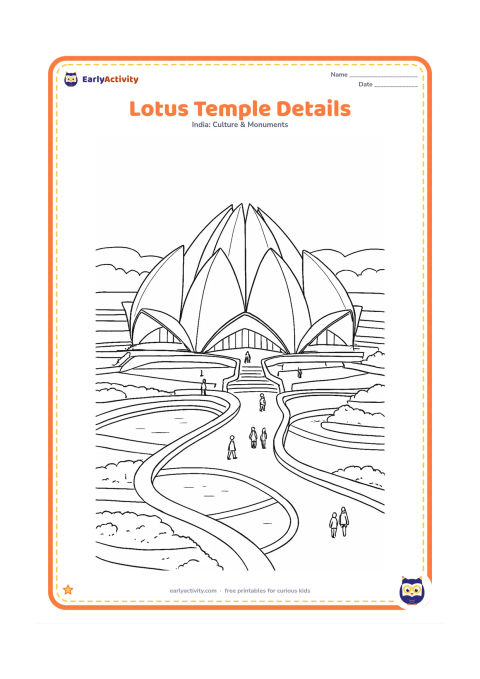 Colouring page: Show a detailed front three-quarter view of the Lotus Temple, including overlapping marble petals, entrance openings, surrounding pools, curved paths, clipped lawns, and layered garden…