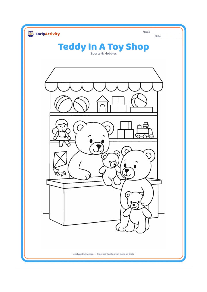 Colouring page: A teddy bear stands behind a toy-shop counter while another teddy bear chooses a soft toy, surrounded by shelves of balls, blocks, dolls and kites. Include a blank shop awning and no…