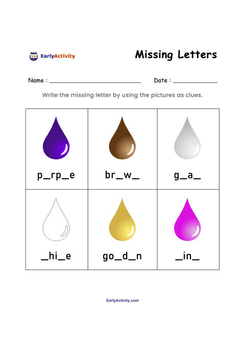 Worksheet with six colored drops and incomplete color words for children to complete, including purple, brown, gray, white, golden, and pink.