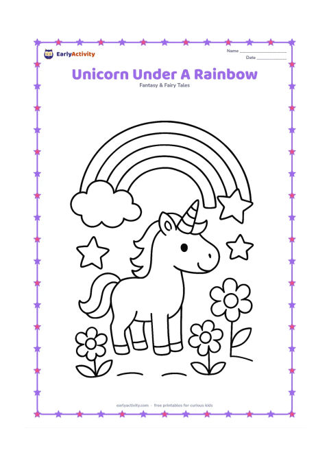 Colouring page: Draw one happy unicorn standing beneath a broad rainbow and one fluffy cloud. Add a few large stars and three big flowers on the ground, leaving clear spaces for easy colouring.