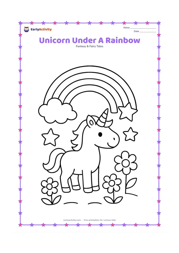 Colouring page: Draw one happy unicorn standing beneath a broad rainbow and one fluffy cloud. Add a few large stars and three big flowers on the ground, leaving clear spaces for easy colouring.