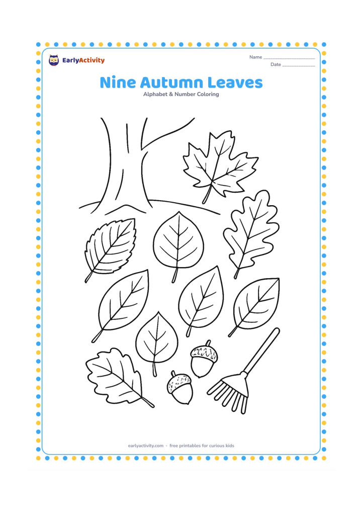 Colouring page: Draw nine different large leaves arranged across a ground patch beneath a tree, showing varied simple shapes and veins. Add a small rake and two acorns, with no written numerals.
