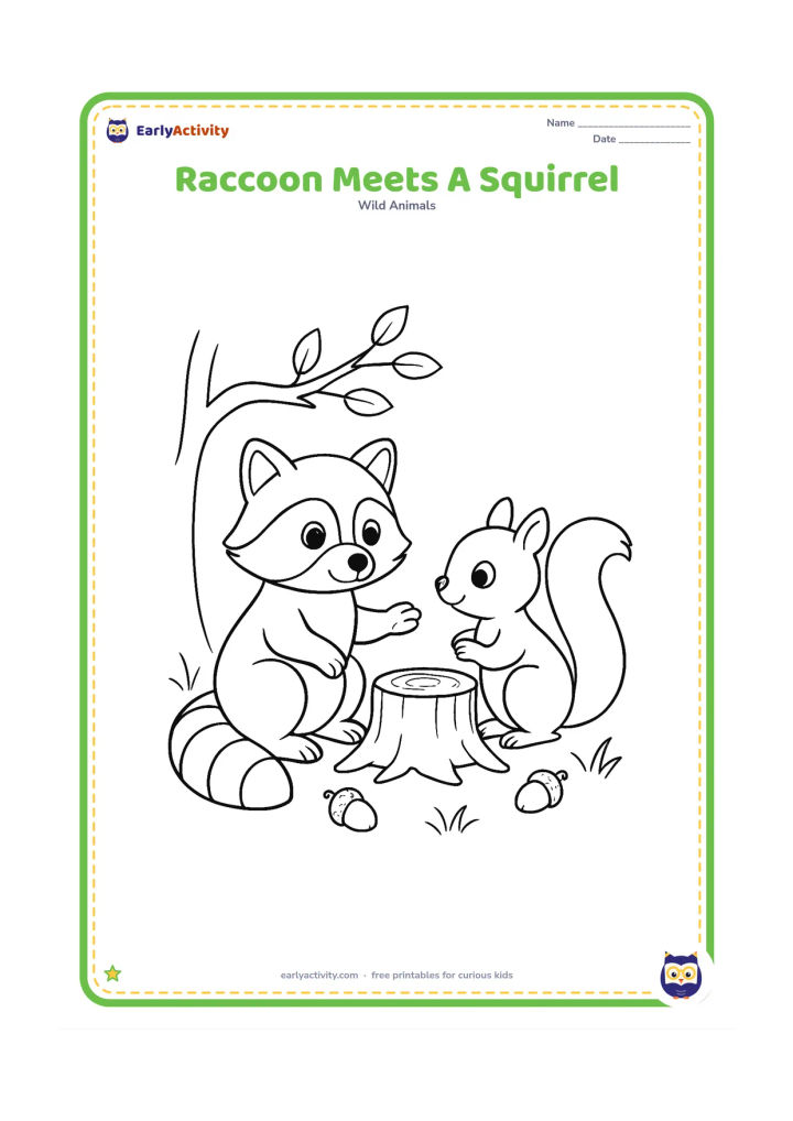 Colouring page: Draw a raccoon and a squirrel facing one another beside a tree stump, with the raccoon gently extending one paw. Add acorns, grass tufts and a few low branches.