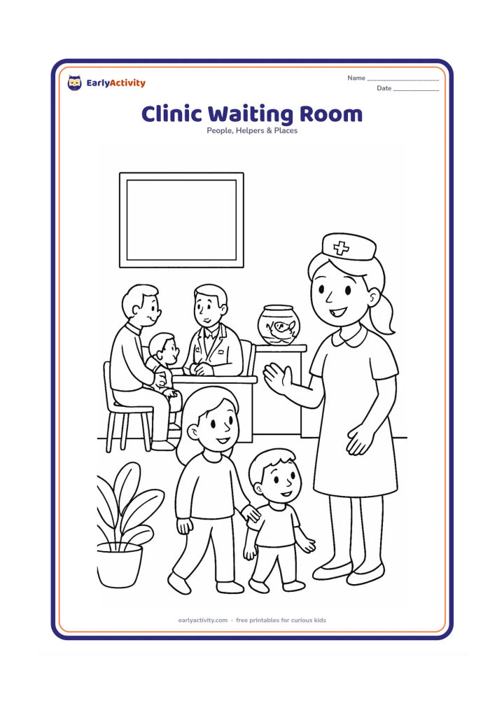 Colouring page: A nurse welcomes a parent and child in a clinic waiting room while a doctor speaks with another family nearby. Include chairs, a potted plant, a fish bowl, a reception desk and a blank…