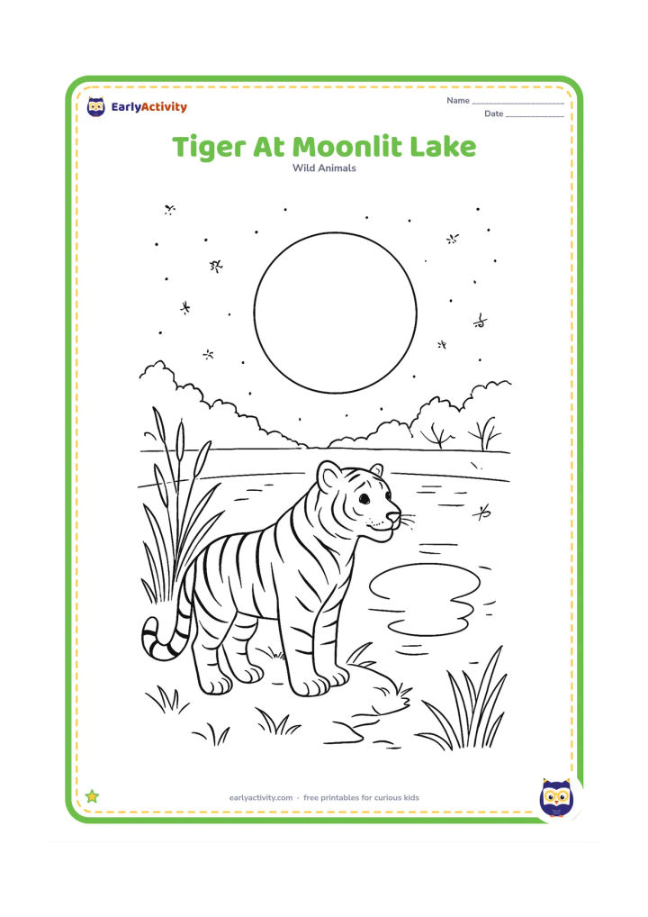 Colouring page: A tiger stands at the edge of a quiet lake at night, with a large moon reflected in the water, reeds, distant trees, and fireflies around the clearing. The scene should feel peaceful and…