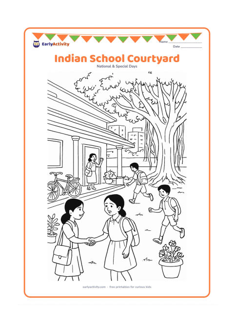 Colouring page: A detailed school courtyard scene shows children greeting friends, carrying school bags, watering plants, and playing near a banyan tree. Include a veranda, bicycles, flower pots, and…