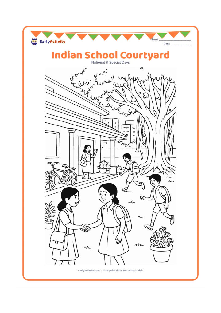 Colouring page: A detailed school courtyard scene shows children greeting friends, carrying school bags, watering plants, and playing near a banyan tree. Include a veranda, bicycles, flower pots, and…