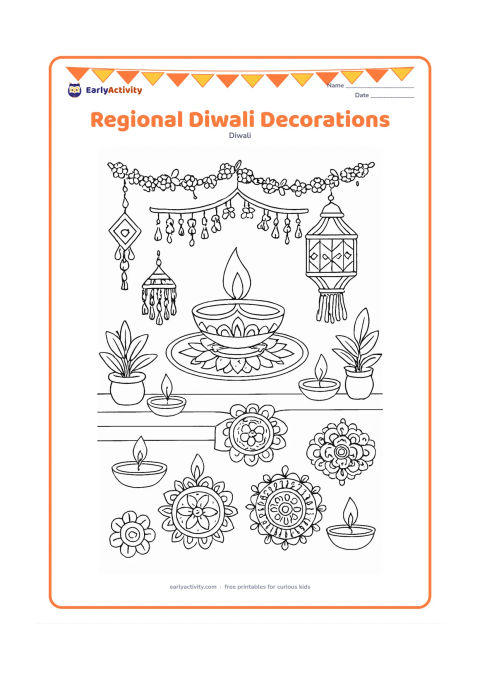 Colouring page: Draw a detailed display of Diwali decorations from different Indian homes arranged around a central diya, including flower garlands, torans, clay lamps, lanterns and several styles of…