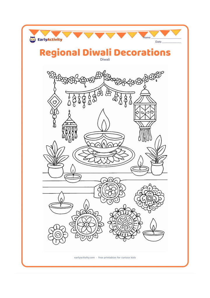 Colouring page: Draw a detailed display of Diwali decorations from different Indian homes arranged around a central diya, including flower garlands, torans, clay lamps, lanterns and several styles of…