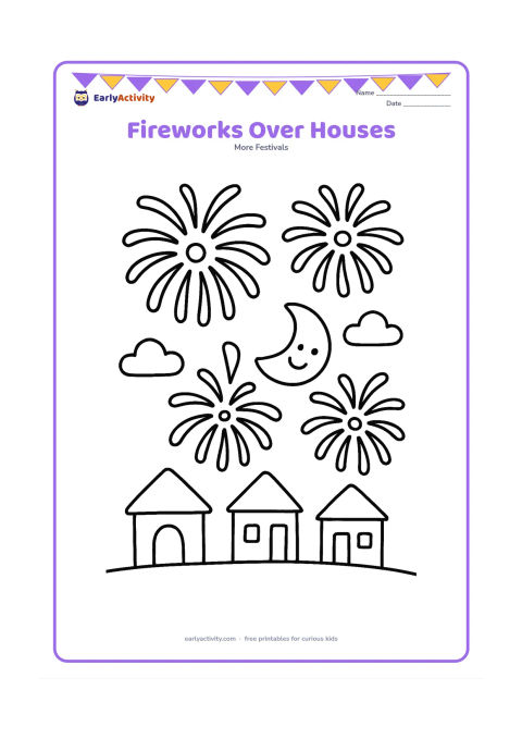 Colouring page: Simple rounded fireworks bursts fill the sky above a row of small houses, with a smiling crescent moon and a few clouds. Show only clear outlines and no sky writing.