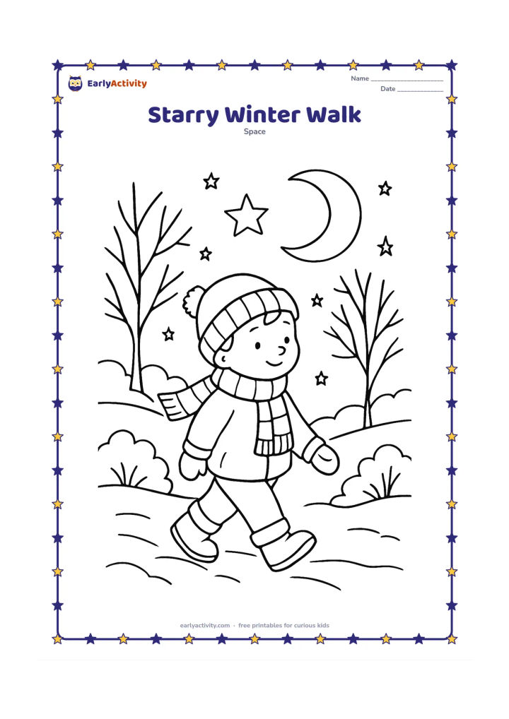 Colouring page: A bundled-up child walks along a snowy path beneath a large star and crescent Moon, with bare trees, snow-covered bushes and several stars in the sky.