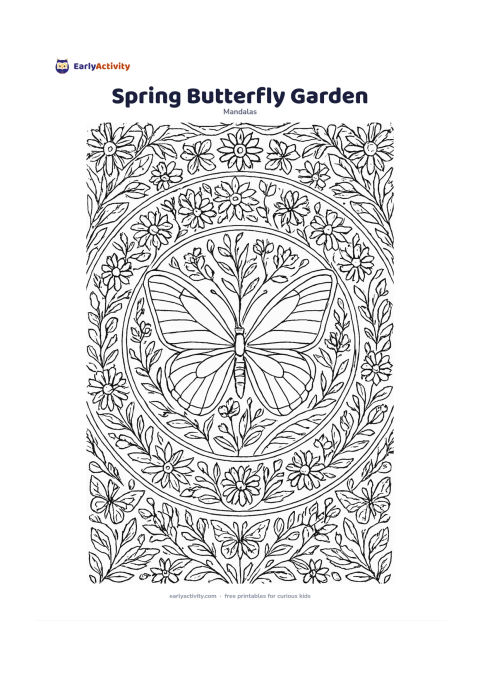 Colouring page: Draw a butterfly resting at the centre of a circular flower-garden mandala, with symmetrical wings, daisies, stems, leaves, small buds, and curved garden paths spreading around it.…