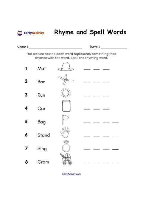 Worksheet with eight rhyming word prompts and picture clues, including a hat, fan, sun, jar, flag, hand, ring and shellfish.