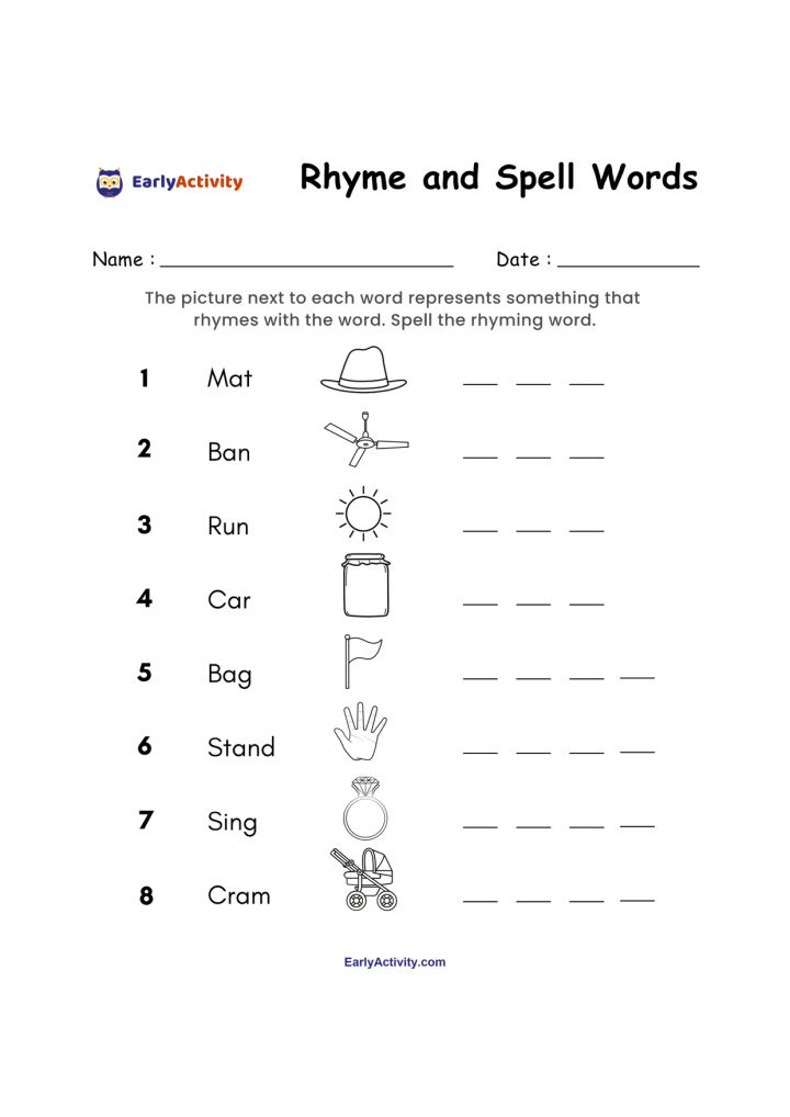Worksheet with eight rhyming word prompts and picture clues, including a hat, fan, sun, jar, flag, hand, ring and shellfish.