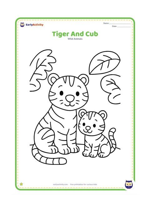 Colouring page: A mother tiger sits beside a smaller cub that stands close to her front legs. Include a few large jungle leaves and a simple ground line.